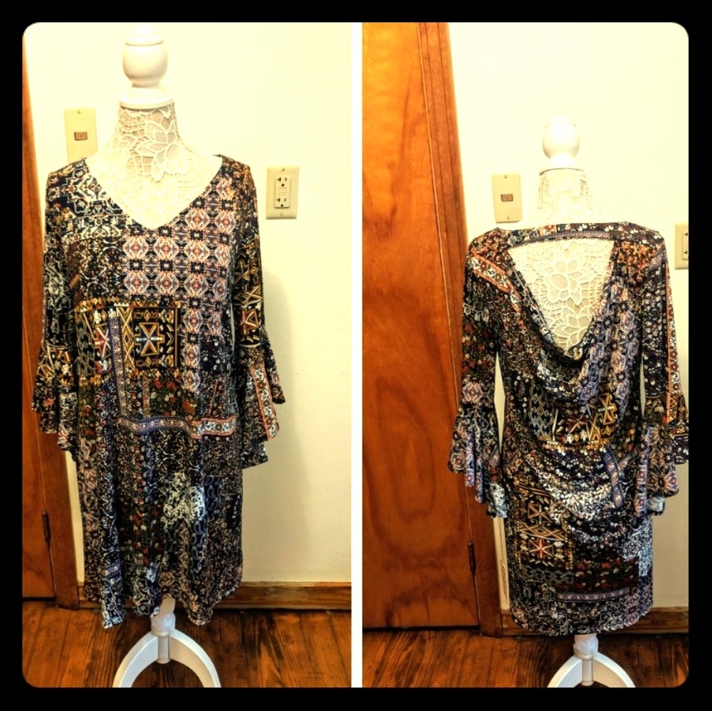 Haani Multi-Colored Retro Bell Sleeve Dress